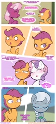 Size: 1844x4096 | Tagged: safe, artist:trash art, scootaloo, silver spoon, sweetie belle, comic:sweet apple (esp), 6 panel comic, blurry background, blushing, cheerilee, comic, drink, earth pony, eyes closed, female, filly, foal, g4, horn, implied apple bloom, imported from derpibooru, indoors, juice, juice box, mare, outdoors, pegasus, pony, spanish, spanish text, speech bubble, unicorn