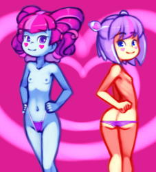 Size: 1200x1320 | Tagged: questionable, artist:drantyno, banned from derpibooru, clothes, equestria girls, female, human, imported from twibooru, k-lo, kiwi lollipop, lolicon, panties, partial nudity, postcrush, su-z, supernova zap, topless, underage, underwear, young, younger