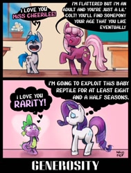 Size: 970x1280 | Tagged: safe, artist:namodraws, rarity, spike, oc, oc:the living tombstone, age difference, cheerilee, classroom, colt, dialogue, dragon, earth pony, eyes closed, female, foal, g4, heart, heart eyes, horn, imported from derpibooru, indoors, love me cheerilee, male, mare, pony, ship:sparity, shipping, slander, smiling, speech bubble, straight, thought bubble, unicorn, wingding eyes, wingless spike