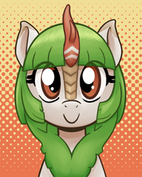 Size: 804x1004 | Tagged: safe, artist:kurozu, oc, oc:white radish, abstract background, bust, c:, cute, eye clipping through hair, female, filly, foal, front view, gradient background, green mane, hime cut, horn, imported from derpibooru, kirin, kirin oc, long hair, looking at you, oc only, ocbetes, smiling, solo