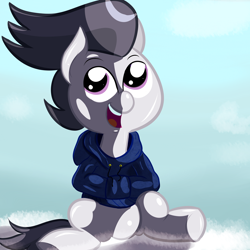 Size: 1680x1680 | Tagged: safe, artist:anonymous, clothes, cloud, colt, drawthread, foal, g4, hoodie, imported from derpibooru, male, on a cloud, open mouth, open smile, pegasus, requested art, rumble, sitting, sitting on a cloud, smiling, solo