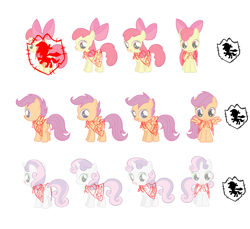 Size: 1000x914 | Tagged: safe, artist:robin mitchell, apple bloom, scootaloo, sweetie belle, alternate design, cape, clothes, concept art, earth pony, female, filly, foal, g4, horn, imported from derpibooru, lineart, my little pony: friendship is magic, official, patch, pegasus, production art, simple background, stare master, trio, turnaround, unicorn, what could have been, white background
