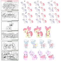 Size: 1000x837 | Tagged: safe, artist:robin mitchell, apple bloom, diamond tiara, scootaloo, silver spoon, sweetie belle, alternate cutie mark, call of the cutie, clothes, concept art, female, filly, foal, g4, generic pony, glasses, imported from derpibooru, lineart, my little pony: friendship is magic, official, production art, simple background, storyboard, tornado bolt, twist, white background