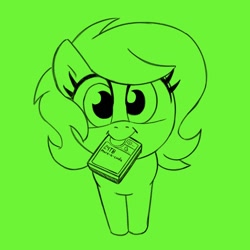 Size: 1100x1100 | Tagged: safe, artist:unitxxvii, oc, oc:filly anon, earth pony, female, filly, foal, green background, greenscale, hard drive, imported from derpibooru, looking at you, monochrome, mouth hold, oc only, pony, simple background, smiling, smiling at you, solo
