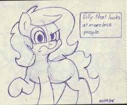 Size: 1269x1052 | Tagged: safe, artist:unitxxvii, oc, oc:filly anon, earth pony, eyebrows, female, filly, foal, imported from derpibooru, looking at you, monochrome, oc only, pen drawing, pony, raised eyebrow, signature, sketch, solo, text box, traditional art
