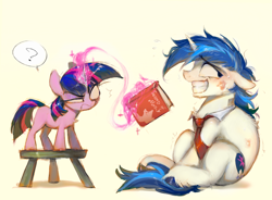 Size: 2089x1536 | Tagged: safe, artist:unclechai, shining armor, twilight sparkle, avoiding eye contact, awkward, awkward smile, back fluff, bandage, book, brother and sister, chest fluff, clothes, duo, emanata, eyebrows, female, filly, filly twilight sparkle, floppy ears, fluffy, foal, frown, funny face, g4, glare, grin, hoof fluff, horn, imported from derpibooru, kiss mark, leg fluff, lipstick, looking at someone, magic, male, messy mane, necktie, nervous, pony, question mark, raised eyebrow, shadow, siblings, simple background, sitting, smiling, sparkles, stallion, stare, stool, stray strand, suspicious, suspicious face, sweat, teeth, twilight sparkle is not amused, unamused, unicorn, unicorn twilight, unshorn fetlocks, younger