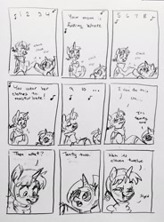Size: 2268x3083 | Tagged: suggestive, artist:pony quarantine, oc, oc:dyx, oc:hyx, series:pq funnies, alicorn, bucktooth, clapping, comic, comic strip, duo, duo female, female, filly, foal, freckles, grayscale, height difference, implied masturbation, imported from derpibooru, monochrome, music notes, oc only, open mouth, open smile, pencil drawing, pony, smiling, traditional art