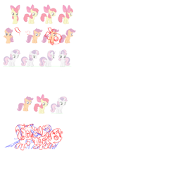 Size: 1000x1000 | Tagged: safe, artist:robin mitchell, apple bloom, scootaloo, sweetie belle, concept art, cutie mark crusaders, earth pony, female, filly, foal, g4, horn, imported from derpibooru, lineart, my little pony: friendship is magic, official, pegasus, pony, production art, simple background, sticky, taffy, the show stoppers, trio, unicorn, white background