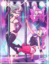 Size: 1159x1500 | Tagged: questionable, artist:skajrzombie, diamond tiara, silver spoon, 2017, banned from derpibooru, bikini, black legwear, clothes, female, gloves, human, humanized, imported from twibooru, latex, latex gloves, latex socks, lolicon, micro bikini, pettanko, pink legwear, pole dancing, shiny clothes, shiny skin, socks, stripper pole, swimsuit, underage