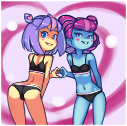 Size: 1120x1110 | Tagged: suggestive, artist:drantyno, banned from derpibooru, belly button, bra, branded hem, breasts, clothes, delicious flat chest, equestria girls, female, heart hands, imported from twibooru, k-lo, kiwi lollipop, legs, lolicon, panties, postcrush, su-z, supernova zap, underage, underwear, younger
