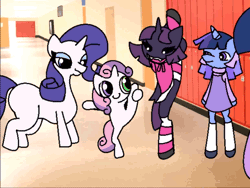 Size: 640x480 | Tagged: safe, artist:tamers12345, rarity, sweetie belle, oc, oc:flaw sparklemoon, oc:flawless sparklemoon, oc:fractured sparklemoon, abuse, animated, clothes, dress, female, filly, foal, fusion, fusion:trixie, fusion:twilight sparkle, fusion:twixie, g4, gif, groin attack, hoodie, horn, imported from derpibooru, indoors, kicking, laughing, lockers, mare, my little pony: career day, pony, school, skirt, socks, striped socks, sweetiebuse, tamers12345, unicorn