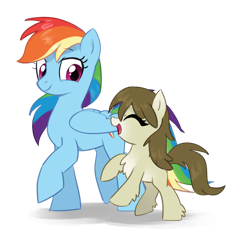 Size: 1061x1024 | Tagged: safe, rainbow dash, ^^, artist needed, chest fluff, duo, earth pony, eyes closed, female, fetlock tuft, filly, fluffy, foal, folded wings, g4, gradient muzzle, happy, imported from derpibooru, leg fluff, looking at someone, mare, open mouth, open smile, pale belly, pegasus, pony, simple background, smiling, smiling at someone, source needed, transparent background, walking, wings, yakutian horse