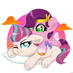 Size: 1280x1280 | Tagged: safe, artist:unianimaart610, adorapipp, adorazipp, biting, cuddling, cute, daaaaaaaaaaaw, duo, ear bite, female, filly, filly pipp petals, filly zipp storm, foal, g5, headband, imported from derpibooru, pegasus, pipp petals, pony, royal sisters (g5), siblings, sisters, unamused, younger, zipp storm, zipp storm is not amused
