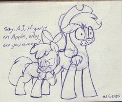 Size: 1255x1056 | Tagged: safe, artist:unitxxvii, apple bloom, applejack, apple sisters, dated, earth pony, eye clipping through hair, female, filly, foal, full body, g4, imported from derpibooru, mare, pony, shocked, siblings, simple background, sisters, sketch, text, traditional art, white background
