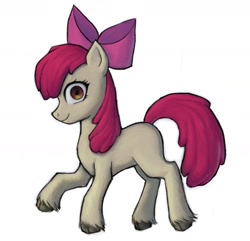 Size: 1440x1390 | Tagged: safe, artist:twilh, apple bloom, alternate version, aside glance, bow, earth pony, female, filly, foal, full body, g4, hair bow, imported from derpibooru, looking at you, looking sideways, pink bow, pony, simple background, smiling, solo, unshorn fetlocks, white background