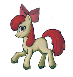 Size: 1161x1222 | Tagged: safe, artist:twilh, apple bloom, aside glance, bow, earth pony, female, filly, foal, full body, g4, hair bow, imported from derpibooru, looking at you, looking sideways, pink bow, pony, simple background, smiling, solo, unshorn fetlocks, white background