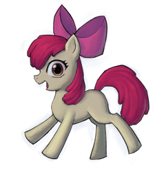 Size: 1161x1222 | Tagged: safe, artist:twilh, apple bloom, :d, alternate version, aside glance, bow, earth pony, female, filly, foal, full body, g4, hair bow, imported from derpibooru, looking at you, looking sideways, open mouth, open smile, pink bow, pony, simple background, smiling, solo, white background