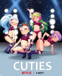 Size: 2618x3189 | Tagged: questionable, artist:born-to-die, banned from derpibooru, child, cuties, equestria girls, female, imported from twibooru, indigo zap, lemon zest, lolicon, netflix, poster, poster parody, sugarcoat, sunny flare, underage, young, younger