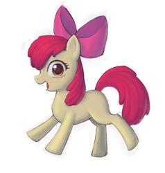 Size: 1161x1222 | Tagged: safe, artist:twilh, apple bloom, :d, aside glance, bow, earth pony, female, filly, foal, full body, g4, hair bow, imported from derpibooru, looking at you, looking sideways, open mouth, open smile, pink bow, pony, simple background, smiling, solo, white background