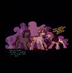 Size: 1092x1112 | Tagged: safe, artist:binibean, princess celestia, oc, oc:crystal sunrise, oc:golden star, comic:soul snatcher au, celestia and luna's mother, cewestia, cloak, clothes, dialogue, female, filly, floppy ears, foal, g4, horn, imported from derpibooru, mare, open mouth, outdoors, pink-mane celestia, pony, race swap, trio, trio female, unicorn, unicorn celestia, younger