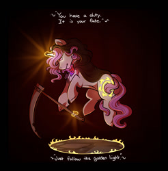 Size: 1092x1112 | Tagged: safe, artist:binibean, princess celestia, comic:soul snatcher au, black background, cewestia, cloak, clothes, crystal, death (equine-morphic personification), dialogue, disembodied voice, female, filly, floating, foal, g4, horn, imported from derpibooru, offscreen character, pink-mane celestia, pony, race swap, scythe, simple background, solo, unicorn, unicorn celestia, younger