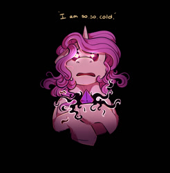 Size: 1092x1112 | Tagged: safe, artist:binibean, princess celestia, comic:soul snatcher au, black background, cewestia, colored sclera, crystal, dialogue, female, filly, foal, g4, glowing, glowing eyes, horn, imported from derpibooru, looking up, open mouth, pink-mane celestia, pony, race swap, simple background, solo, unicorn, unicorn celestia, younger