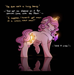 Size: 1092x1112 | Tagged: safe, artist:binibean, princess celestia, comic:soul snatcher au, black background, cewestia, crystal, dialogue, female, filly, floppy ears, foal, g4, glowing, glowing horn, horn, imported from derpibooru, levitation, magic, pink-mane celestia, pony, race swap, simple background, solo, telekinesis, unicorn, unicorn celestia, younger