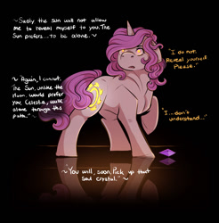 Size: 1092x1112 | Tagged: safe, artist:binibean, princess celestia, comic:soul snatcher au, black background, cewestia, crystal, dialogue, female, filly, floppy ears, foal, g4, glowing, glowing eyes, horn, imported from derpibooru, looking up, offscreen character, pink-mane celestia, pony, race swap, raised hoof, simple background, solo, unicorn, unicorn celestia, younger
