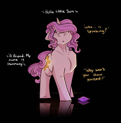 Size: 1092x1112 | Tagged: safe, artist:binibean, princess celestia, comic:soul snatcher au, black background, cewestia, crystal, dialogue, female, filly, floppy ears, foal, g4, horn, imported from derpibooru, looking up, offscreen character, pink-mane celestia, pony, race swap, simple background, solo, unicorn, unicorn celestia, younger
