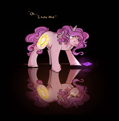 Size: 1092x1112 | Tagged: safe, artist:binibean, princess celestia, comic:soul snatcher au, black background, black sclera, cewestia, crystal, dialogue, female, filly, floppy ears, foal, g4, glowing, glowing eyes, horn, imported from derpibooru, looking down, pink-mane celestia, pony, race swap, reflection, simple background, solo, unicorn, unicorn celestia, younger
