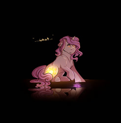 Size: 1092x1112 | Tagged: safe, artist:binibean, princess celestia, comic:soul snatcher au, black background, cewestia, crystal, dialogue, female, filly, foal, g4, horn, imported from derpibooru, pink-mane celestia, pony, race swap, simple background, solo, unicorn, unicorn celestia, younger