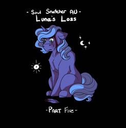 Size: 1092x1112 | Tagged: semi-grimdark, artist:binibean, princess luna, comic:soul snatcher au, alternate version, black background, bleeding, blood, feather, female, filly, filly luna, foal, g4, horn, imported from derpibooru, pony, race swap, simple background, sitting, solo, unicorn, unicorn luna, woona, younger