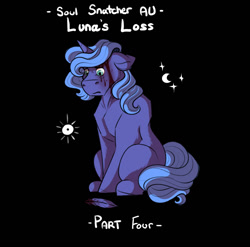 Size: 1008x995 | Tagged: semi-grimdark, artist:binibean, princess luna, comic:soul snatcher au, alternate version, black background, bleeding, blood, feather, female, filly, filly luna, foal, g4, horn, imported from derpibooru, pony, race swap, simple background, sitting, solo, unicorn, unicorn luna, woona, younger