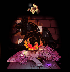 Size: 1039x1066 | Tagged: grimdark, artist:binibean, princess celestia, comic:soul snatcher au, bleeding, blood, cewestia, crying, crystal, discord, draconequus, female, filly, finger snap, foal, g4, imported from derpibooru, lying down, offscreen character, on side, philomena, phoenix, pink-mane celestia, pony, race swap, unicorn, unicorn celestia, younger
