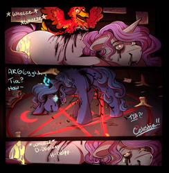 Size: 1039x1066 | Tagged: grimdark, artist:binibean, princess celestia, princess luna, comic:soul snatcher au, bleeding, blood, cewestia, comic, dialogue, female, filly, filly luna, floppy ears, foal, g4, glowing, glowing eyes, imported from derpibooru, indoors, magic, magic circle, philomena, phoenix, pink-mane celestia, pony, race swap, skeletal wings, trio, trio female, unicorn, unicorn celestia, unicorn luna, woona, younger