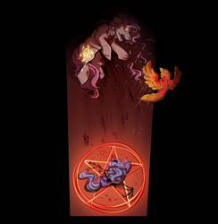 Size: 1039x1066 | Tagged: grimdark, artist:binibean, princess celestia, princess luna, comic:soul snatcher au, bleeding, blood, cewestia, eyes rolling back, female, filly, filly luna, foal, g4, imported from derpibooru, magic, magic circle, open mouth, philomena, phoenix, pink-mane celestia, pony, race swap, skeletal wings, trio, trio female, unicorn, unicorn celestia, unicorn luna, woona, younger