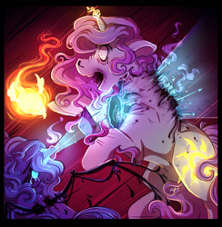 Size: 1039x1066 | Tagged: grimdark, artist:binibean, princess celestia, princess luna, comic:soul snatcher au, blast, bleeding, blood, cewestia, crystal, female, filly, filly luna, floppy ears, foal, g4, glowing, glowing eyes, glowing horn, horn, imported from derpibooru, magic, magic blast, philomena, phoenix, pink-mane celestia, pony, race swap, trio, trio female, unicorn, unicorn celestia, unicorn luna, woona, younger