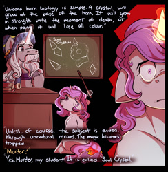 Size: 1039x1066 | Tagged: safe, artist:binibean, princess celestia, comic:soul snatcher au, cewestia, chalkboard, crystal, desk, dialogue, female, filly, floppy ears, foal, g4, glowing, glowing horn, horn, imported from derpibooru, levitation, magic, male, philomena, phoenix, pink-mane celestia, pinpoint eyes, pointer, pony, race swap, stallion, star swirl the bearded, telekinesis, trio, unicorn, unicorn celestia, younger