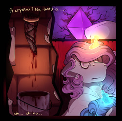 Size: 1110x1106 | Tagged: semi-grimdark, artist:binibean, princess celestia, princess luna, comic:soul snatcher au, blood, bucket, cewestia, crystal, female, filly, filly luna, floppy ears, foal, g4, glowing, glowing horn, horn, imported from derpibooru, pink-mane celestia, pony, race swap, severed horn, unicorn, unicorn celestia, unicorn luna, woona, younger