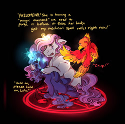 Size: 1110x1106 | Tagged: semi-grimdark, artist:binibean, princess celestia, princess luna, comic:soul snatcher au, black background, blood, cewestia, crying, female, filly, filly luna, floppy ears, foal, g4, glowing, glowing eyes, glowing horn, holding a pony, horn, imported from derpibooru, magic, magic circle, open mouth, philomena, phoenix, pink-mane celestia, pony, race swap, simple background, skeletal wings, trio, trio female, unicorn, unicorn celestia, unicorn luna, woona, younger