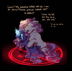 Size: 1110x1106 | Tagged: semi-grimdark, artist:binibean, princess celestia, princess luna, comic:soul snatcher au, black background, blood, cewestia, crying, duo, duo female, female, filly, filly luna, foal, g4, glowing, glowing eyes, glowing horn, horn, imported from derpibooru, magic, magic circle, pink-mane celestia, pony, race swap, royal sisters, siblings, simple background, sisters, skeletal wings, unicorn, unicorn celestia, unicorn luna, woona, younger