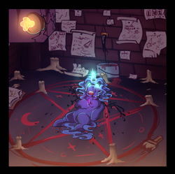 Size: 1110x1106 | Tagged: semi-grimdark, artist:binibean, princess luna, comic:soul snatcher au, blood, candle, crying, crystal, female, filly, filly luna, floppy ears, foal, g4, glowing, glowing eyes, imported from derpibooru, indoors, lying down, magic, magic circle, on back, pony, race swap, ritual, tears of blood, unicorn, unicorn luna, woona, younger