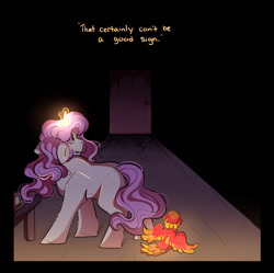 Size: 1110x1106 | Tagged: safe, artist:binibean, princess celestia, comic:soul snatcher au, black background, cewestia, dialogue, door, duo, duo female, female, filly, floppy ears, foal, g4, glowing, glowing horn, horn, imported from derpibooru, philomena, phoenix, pink-mane celestia, pony, race swap, simple background, unicorn, unicorn celestia, younger