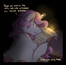 Size: 1110x1106 | Tagged: safe, artist:binibean, princess celestia, comic:soul snatcher au, cewestia, dialogue, female, filly, foal, g4, glowing, glowing horn, horn, imported from derpibooru, looking at something, pink-mane celestia, pony, race swap, scroll, solo, unicorn, unicorn celestia, younger