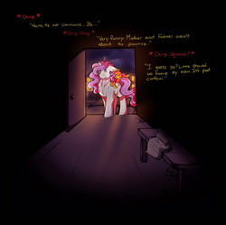 Size: 1110x1106 | Tagged: safe, artist:binibean, princess celestia, comic:soul snatcher au, cewestia, dialogue, doorway, duo, duo female, female, filly, floppy ears, foal, g4, imported from derpibooru, looking at you, philomena, phoenix, pink-mane celestia, pony, race swap, unicorn, unicorn celestia, younger