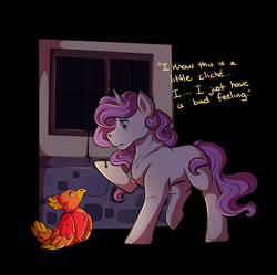 Size: 1110x1106 | Tagged: safe, artist:binibean, princess celestia, comic:soul snatcher au, black background, cewestia, dialogue, duo, duo female, female, filly, foal, g4, imported from derpibooru, philomena, phoenix, pink-mane celestia, pony, race swap, simple background, unicorn, unicorn celestia, window, younger