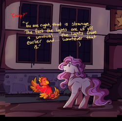 Size: 1110x1106 | Tagged: safe, artist:binibean, princess celestia, comic:soul snatcher au, cewestia, dialogue, duo, duo female, female, filly, floppy ears, foal, g4, imported from derpibooru, outdoors, philomena, phoenix, pink-mane celestia, pony, race swap, unicorn, unicorn celestia, younger