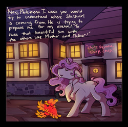 Size: 1110x1106 | Tagged: safe, artist:binibean, princess celestia, comic:soul snatcher au, cewestia, duo, duo female, eyes closed, female, filly, floppy ears, foal, g4, hoof on chest, imported from derpibooru, open mouth, open smile, outdoors, philomena, phoenix, pink-mane celestia, pony, race swap, smiling, unicorn, unicorn celestia, younger