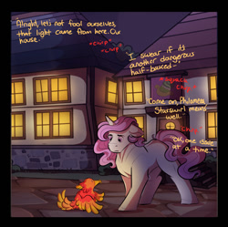 Size: 1110x1106 | Tagged: safe, artist:binibean, princess celestia, comic:soul snatcher au, cewestia, dialogue, duo, duo female, female, filly, floppy ears, foal, g4, imported from derpibooru, philomena, phoenix, pink-mane celestia, pony, race swap, unicorn, unicorn celestia, younger