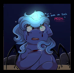Size: 1110x1106 | Tagged: semi-grimdark, artist:binibean, princess luna, comic:soul snatcher au, bleeding, blood, crying, dialogue, female, filly, filly luna, foal, g4, imported from derpibooru, looking up, outdoors, pegasus, pegasus luna, pony, race swap, solo, woona, younger